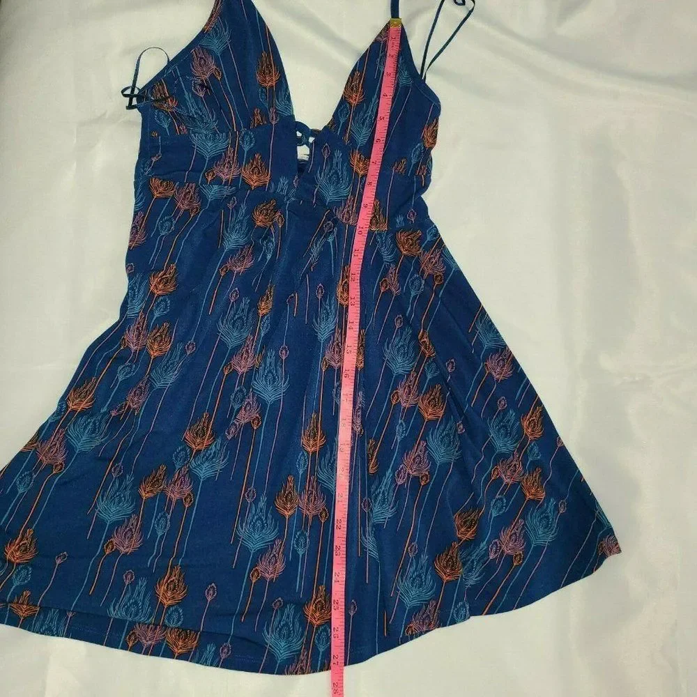 Free People Blue Peacock feather print Lined Halter Dress Boho Extra Small XS - Picture 11 of 11